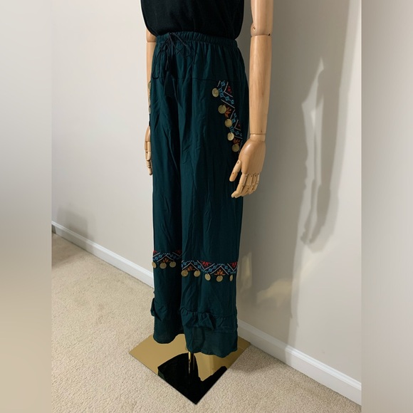 Teal / Petroleum Green Hobo Embroidered Wide Leg Pants - Picture 5 of 17